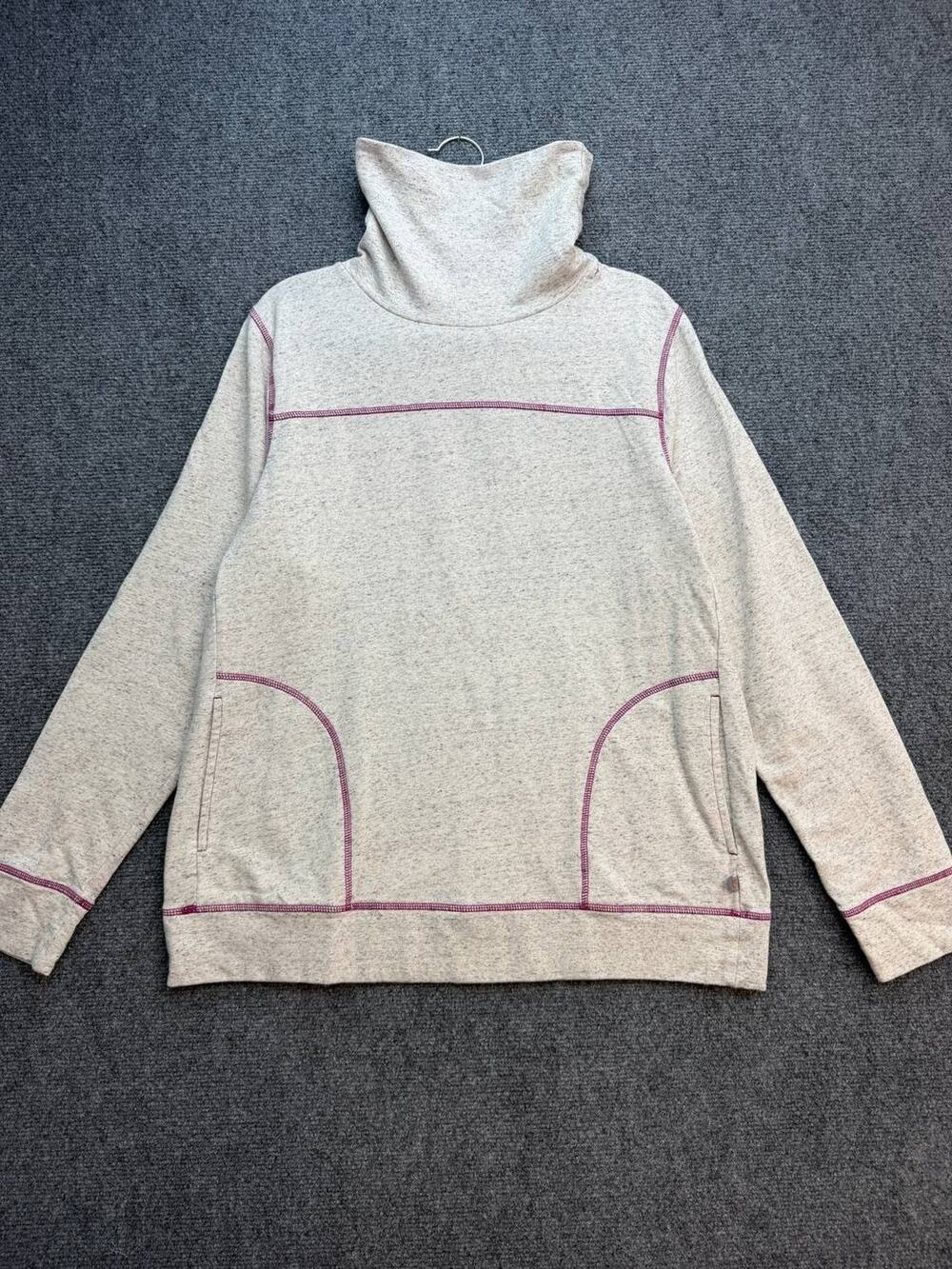 Talbots Women's L Heather Gray Cowl Neck Sweatshirt Purple Stitching Pockets